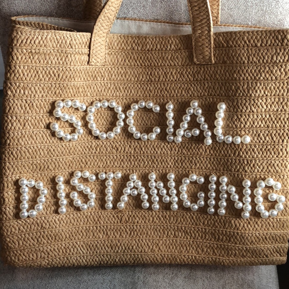 NWT B2B LA Straw Tote Social Distancing w/ pearl lettering beach bag